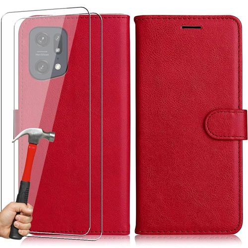 Coque Pour Oppo Find X5 Pro + 2 Verres Trempés, Effet Cuir Antichoc Intégral Portefeuille Rouge - Booling
