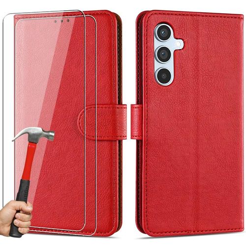 Coque + 2 Verres Trempés Pour Samsung Galaxy A54 5g - Coque Effet Cuir Rouge Fermeture Magnétique - Booling