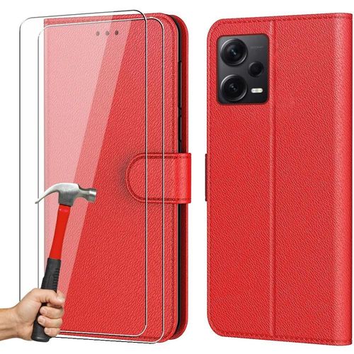 Coque Pour Redmi Note 12 Pro Avec 2 Verres Trempés - Protection Effet Cuir Rouge Fermeture Magnétique - Booling