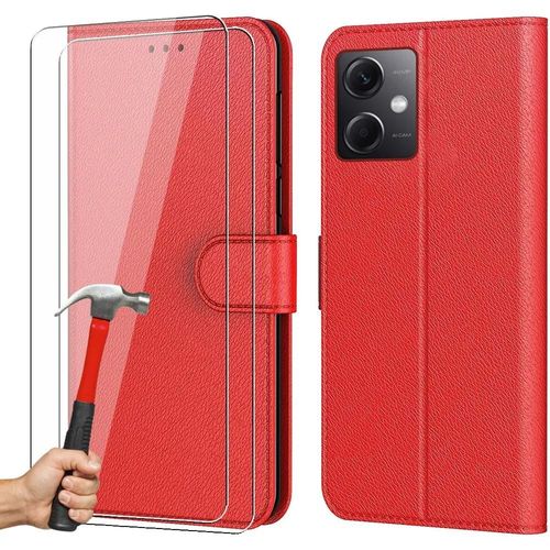 Coque + 2 Verres Trempés Pour Redmi Note 12 5g, Coque Effet Cuir Rouge Fermeture Magnétique - Booling