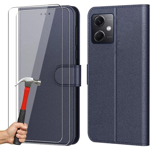 Lot De 2 Verres Trempés+ Coque Pour Redmi Note 12 5g Intégrale Anti-Rayure Effet Cuir Bleu Marine - Booling
