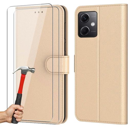 Lot De 2 Verres Trempés + Coque Pour Redmi Note 12 5g Anti-Rayure Antichoc Effet Cuir Doré - Booling