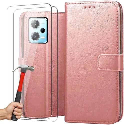 Lot De 2 Verres Trempés+ Coque Pour Redmi Note 12 Pro+ - Protection Intégrale Anti-Rayure Effet Cuir Rose - Booling