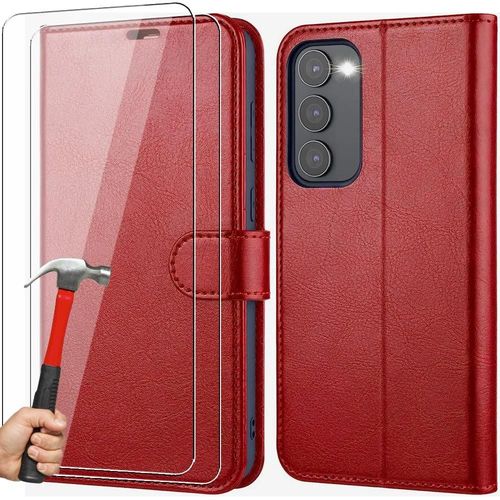 2 Verres Trempés + Coque Pour Samsung Galaxy S23 Rouge Anti-Rayure Antichoc Effet Cuir - Booling