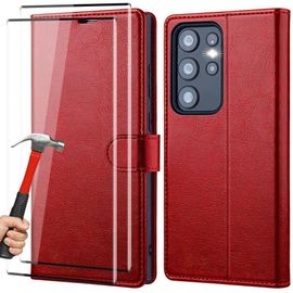 Coque Pour Samsung Galaxy S23 Ultra + 2 Verres Trempés - Coque Portefeuille Rouge Anti Rayure Élégante - Booling