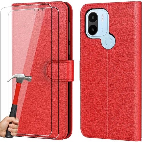 Coque Pour Redmi A1+ (A1 Plus) + 2 Verres Trempés, Protection Effet Cuir Fermeture Magnétique - Rouge - Booling