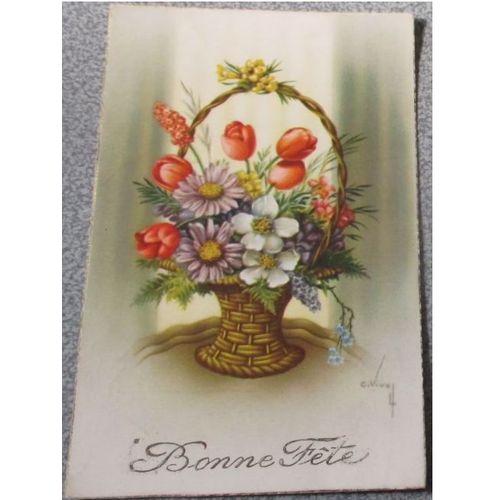 Carte Postale Ancienne Carton Bonne Fête- Une Belle Composition Florale Dans Une Panière D'osier - Editions Univers Paris N°422- 9x14cm- Correspondance Des Années 50 Au Dos