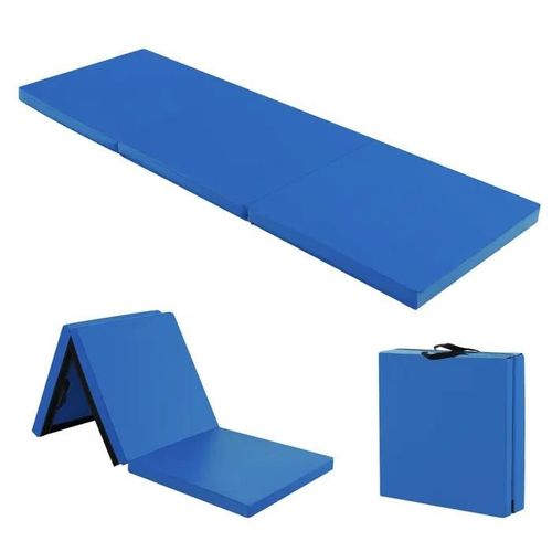 Tapis De Gym Pliable Costway-180 X 60 X 5cm-3 Plis Avec Poignée-Attaches Auto-Agrippantes-En Pu Etanche Remplissage Epe-Bleu Foncé