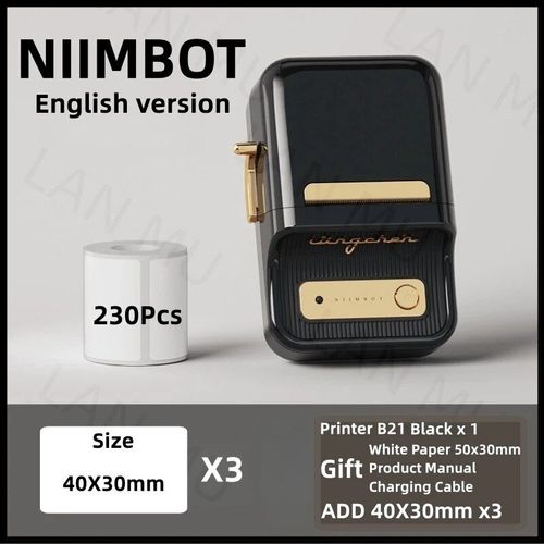 Niimbot-Imprimante d'¿¿tiquettes B21",Portable,D¿¿terminer,Imprimante thermique,Mini code-barres,Code QR,Autocollant,Papier,Rouleaux de documents,"Cable de - Type Bk 3 Rolls 40x30mm