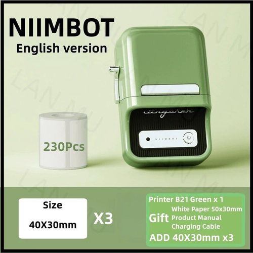 Niimbot-Imprimante d'¿¿tiquettes B21",Portable,D¿¿terminer,Imprimante thermique,Mini code-barres,Code QR,Autocollant,Papier,Rouleaux de documents,"Cable de - Type Gn 3 Rolls 40x30mm