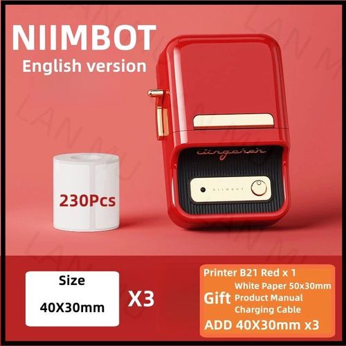 Niimbot-Imprimante d'¿¿tiquettes B21",Portable,D¿¿terminer,Imprimante thermique,Mini code-barres,Code QR,Autocollant,Papier,Rouleaux de documents,"Cable de - Type Rd 3 Rolls 40x30mm