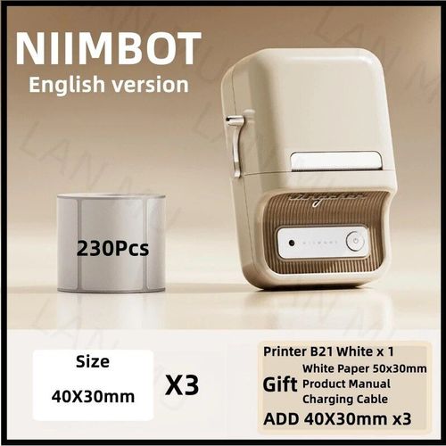 Niimbot-Imprimante d'¿¿tiquettes B21",Portable,D¿¿terminer,Imprimante thermique,Mini code-barres,Code QR,Autocollant,Papier,Rouleaux de documents,"Cable de - Type We 3 Rolls 40x30mm