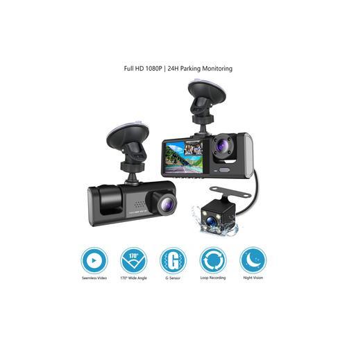 DashCam 1080P Full HD Voiture Auto Triple Caméra Tableau de Bord Carte SD 64Go Enregistreur Vidéo Objectif Vision Nocturne Surveillance Stationnement 24h/24
