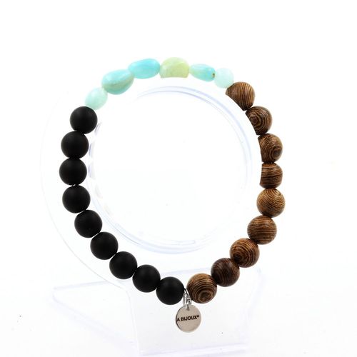 Bracelet Amazonite Du Brésil + Perles Onyx Noir Mat + Bois 8 Mm. Fabriqué En France.