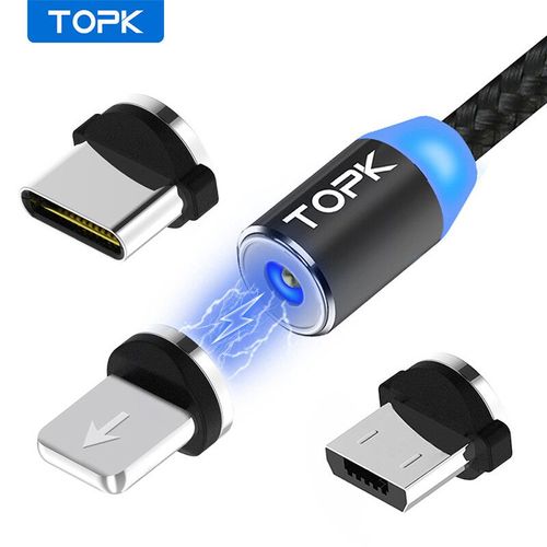 Topk-Câble De Charge Magnétique 3 En 1,Câble De Chargeur De Téléphone Magnétique Rotatif,Câble Micro Usb C,Nylon Tressé,Résistant À 360 - Type [Black 3 In1]-2m(6.6ft) #A