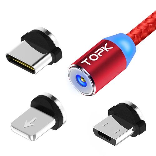 Topk-Câble De Charge Magnétique 3 En 1,Câble De Chargeur De Téléphone Magnétique Rotatif,Câble Micro Usb C,Nylon Tressé,Résistant À 360 - Type [Red 3 In1]-2m(6.6ft) #A