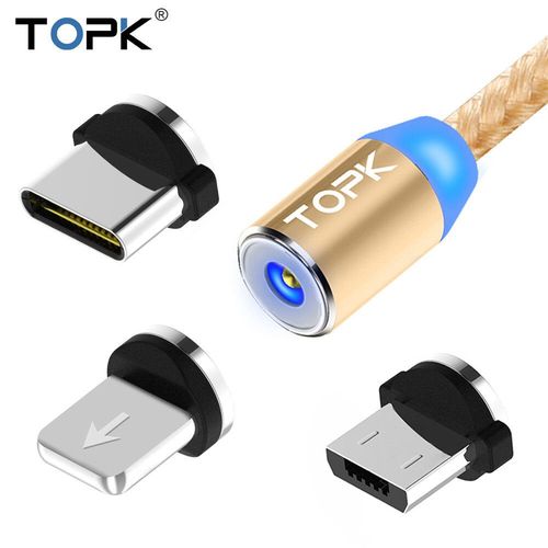 Topk-Câble De Charge Magnétique 3 En 1,Câble De Chargeur De Téléphone Magnétique Rotatif,Câble Micro Usb C,Nylon Tressé,Résistant À 360 - Type [Gold 3 In1]-2m(6.6ft)