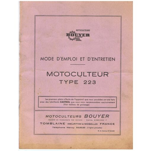 Motoculteurs Bouyer. Mode D'emploi Et D'entretien Motoculteur Type ...