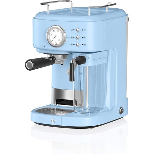 Retro One Touch Sk22150Bln Machine À Café Express Semi-Automatique, Espresso Et Cappucino, 15 Bar, Mousseur Avec Réservoir À Lait 0,5L, 1,7 L, Grande Ou Petite Tasse, Vintage, Bleu, 1200W