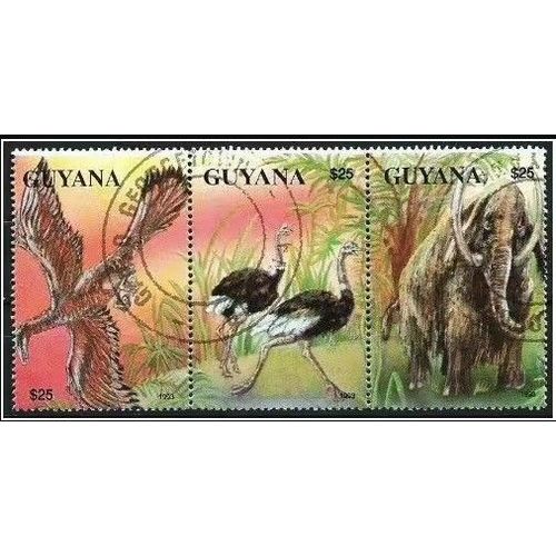 Amérique Du Sud, Guyana 1993, Beaux Triptyque Animaux Au Cours Des Âges, Dinosaure Ailé, Cigognes, Mammouth, Timbres Oblitérés, Tbe