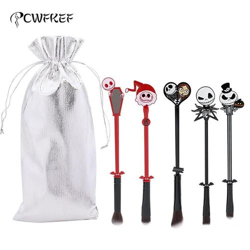 Ensemble De Pinceaux De Maquillage Avec Sac De Rangement, 5 Pièces, Film De Nuit, Tête De Mort, Halloween, Cosmétiques, Ombre À Paupières, Sourcils, Lèvres 