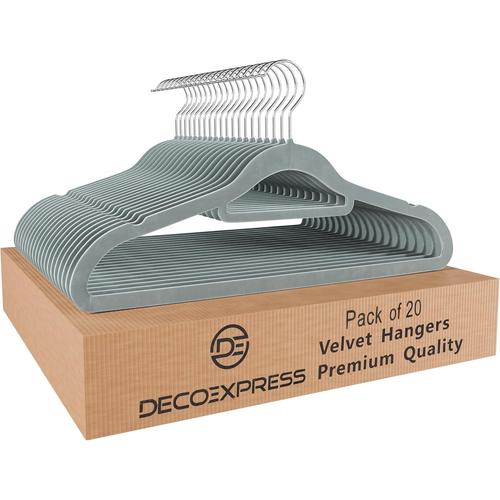 Deco Express Cintres Velours, Gain de Place Cintre Antidérapant pour Les Vêtements - Paquet Multiple (Gris, Paquet de 20)