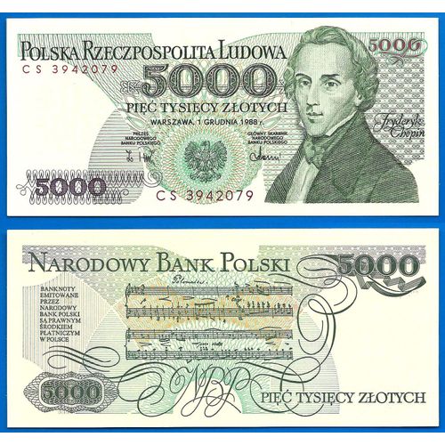 Pologne 5000 Zlotych 1988 Frederic Chopin Compositeur Europe Centrale Billet