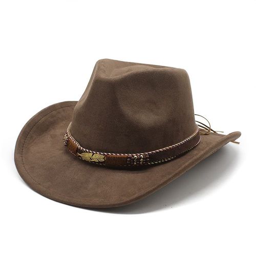 Chapeaux De Cowboy Quatre Saisons Pour Femmes Et Hommes,Casquettes Occidentales En Daim Polyester 57-58cm,Sangles Décoratives En Feuille Métallique,Cowgirl,Modèle