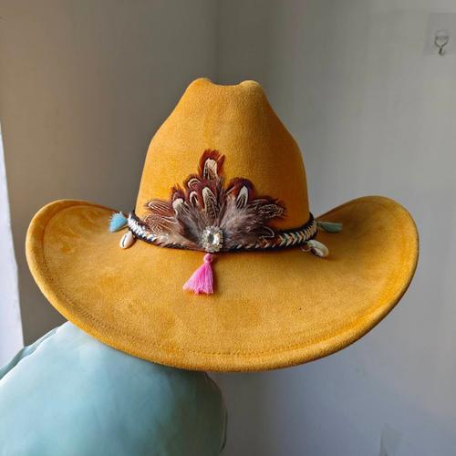 Chapeau De Cowboy En Daim À Plumes Pour Hommes,Bord Vintage,Hip Hop,Jazz,Everak Church Hat,Zones Sombrero Bre,7cm