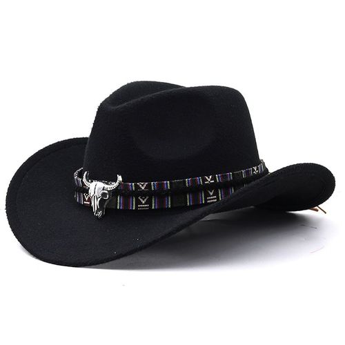 3tanwestern-Chapeau De Cowboy En Laine Noire Avec Ruban De Tête De Vache,Chapeau Haut De Forme Jazz,Chapeaux Fedora Parent-Enfant,Casquette En Feutre De Fête,Automne Et Hiver