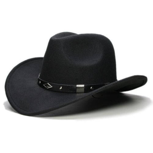Chapeau De Cowboy Western À Large Bord En Laine Unisexe,Bonnet Melon De Cow-Girl (61cm/57cm/54cm),Bande De Cuir À Géométrie Rétro,Parent-Enfant