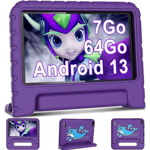 Tablette pour Enfants Android 13 Tablettes 7 Pouces HD avec 7Go + 64Go (TF 512Go) Quad-Core|WiFi 6|Dual Cameras|Parental Control|Bluetooth 5.0|Couverture Protectrice,Violet
