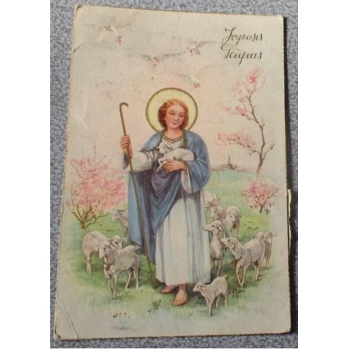 Carte Postale Ancienne Carton Joyeuses Pâques Avec Un Berger Pastoral Au Milieu De Ses Moutons - Datant Des Années 1950 - Couleurs Très Claires - Editions Superlux - 9x13cm