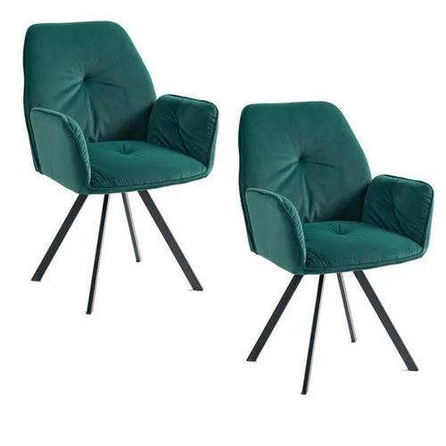Meubles Cosy Lot De 2 Fauteuils Chaises De Salle À Manger Avec Accoudoirs Assise Rembourrée En Tissu Vert Pieds En Métal Noir