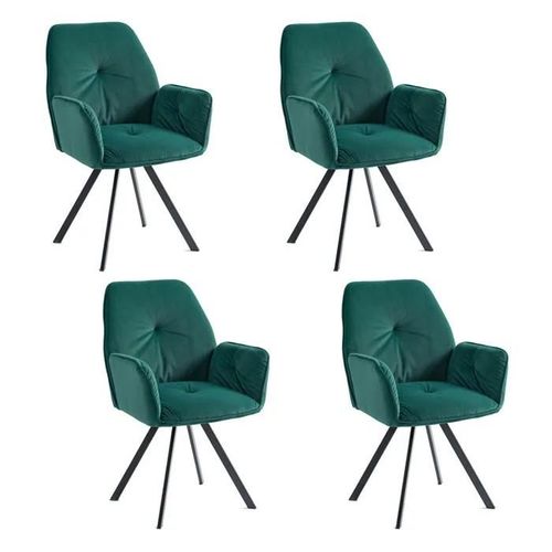 Meubles Cosy Lot De 4 Fauteuils Chaises De Salle À Manger Avec Accoudoirs Assise Rembourrée En Tissu Vert Pieds En Métal Noir