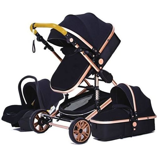 Poussette Bébé Combinée Trio Pack 3 En 1 Noir-Dor Chassis Haut A Absorption De Chocs Pliable Siege Auto Réversible Roues Increvables