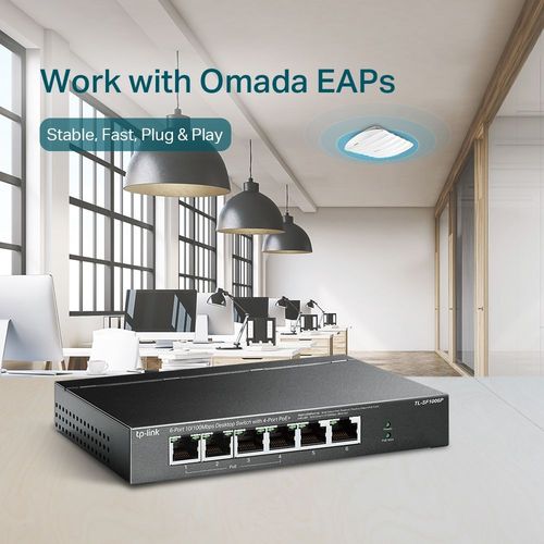 TP-Link Omada DS106P V1.6 - Commutateur - non géré - 4 x 10/100 (PoE+) + 2 x 10/100 - de bureau - PoE+ (67 W)