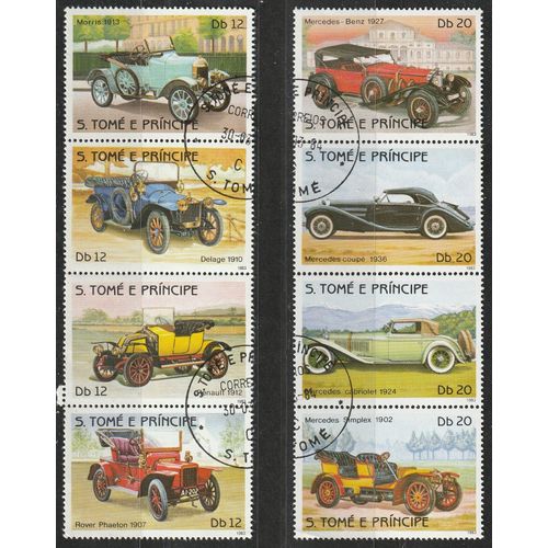 Très Belle Série De 8 Timbres Oblitérés Sao Tomé E Principe 1983, Histoire De La Voiture. Véhicules Anciens.