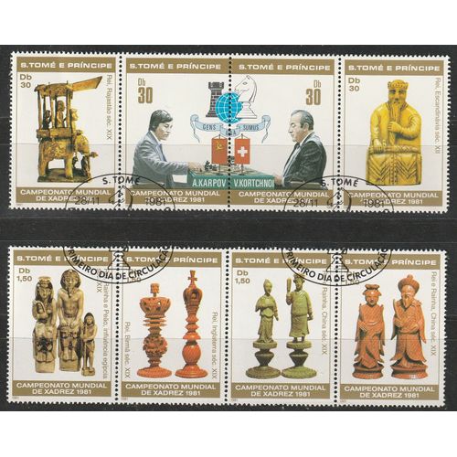 Très Belle Série De 8 Timbres Oblitérés Sao Tomé E Principe 1981, Championnat Du Monde D'échecs. Karpov, Anatoli, Kortchnoï, Viktor N° 638 À 645