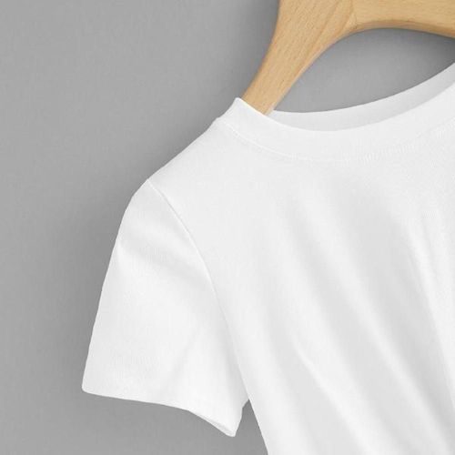 Femmes Casual Solide O Cou Manches Courtes Twist Front Crop Tee Blouse Tops 240580