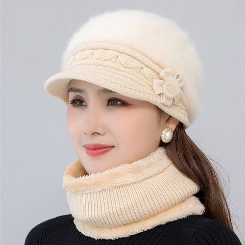 Chapeau Et Écharpe Doublés De Fourrure Pour Femmes,Bonnet De Maintien Au Chaud,Chapeaux Décontractés Pour Femmes,Ajouter De La Fourrure De Lapin,Ensemble D'hiver Chaud