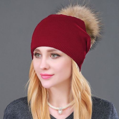 Chapeaux En Laine Tricotés Pour Femmes,Bonnets En Fourrure De Pompon À La Mode,Casquettes Chaudes Pour Femmes Avec Casquette En Fourrure De Raton Laveur Authentique Naturelle,Automne Et Hiver