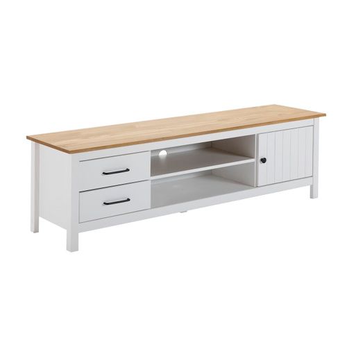Meuble Tv 1 Porte 2 Tiroirs Bois Ciré Et Blanc