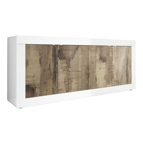 Buffet 4 Portes Finition Blanc Laqué Et Aspect Bois Antik