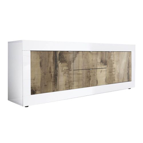 Buffet Bas 2 Portes 2 Tiroirs Finition Blanc Laqué Et Aspect Bois Ant