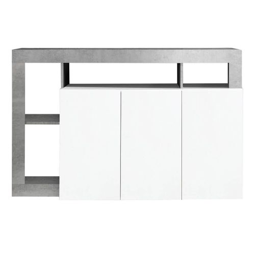 Buffet 3 Portes Blanc Laqué Encadrement Niches Finition Aspect Ciment
