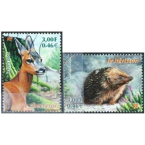 France 2001, Beaux Timbres Yvert 3382 Et 3383, Nature De France - Animaux Des Bois, Le Chevreuil Et Le Hérisson, Oblitérés, Tbe -