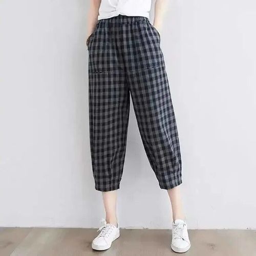 Pantalon Sarouel Vintage En Coton Et Lin Pour Femme",Sarouel ¿¿ Taille ¿¿Lastique,Ample Et ¿¿ Carreaux,"Printemps ¿¿T¿¿ 2022