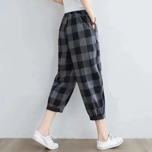 Pantalon Sarouel Vintage En Coton Et Lin Pour Femme",Sarouel ¿¿ Taille ¿¿Lastique,Ample Et ¿¿ Carreaux,"Printemps ¿¿T¿¿ 2022