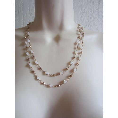 Collier À 2 Rangs Blanc Et Doré